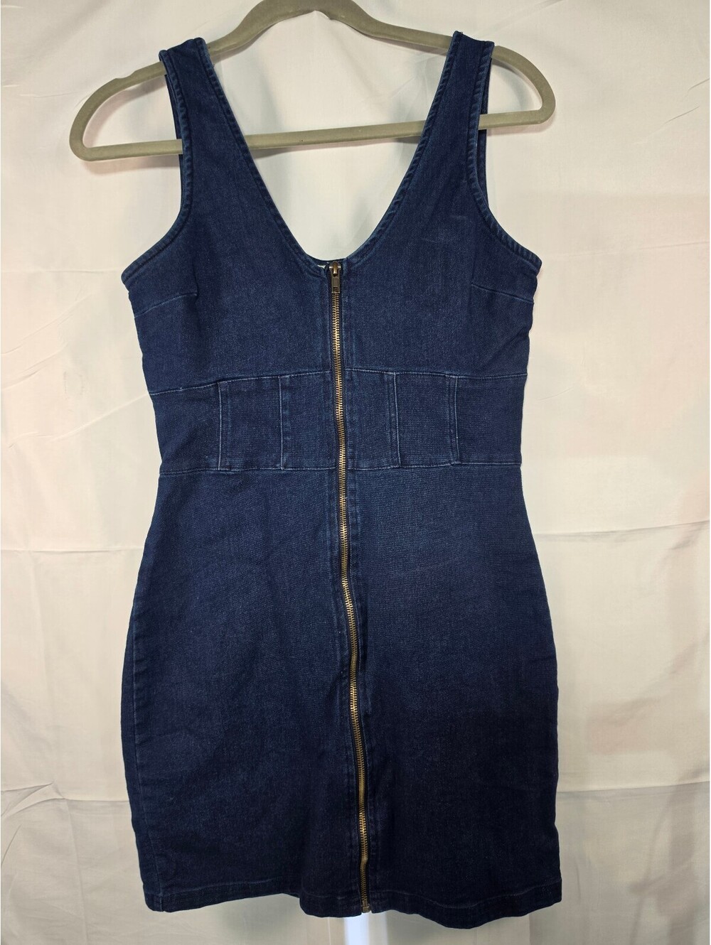 7TH & HUDSON Women's M Blue Denim Mini Dress Sleeveless Front Zip Stretch